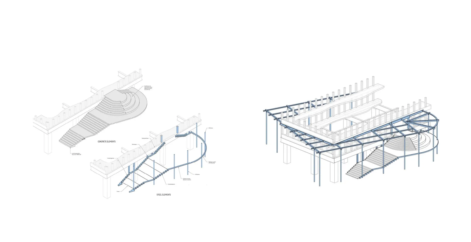 Axonometric architectural drawings of stairway and podium black and white