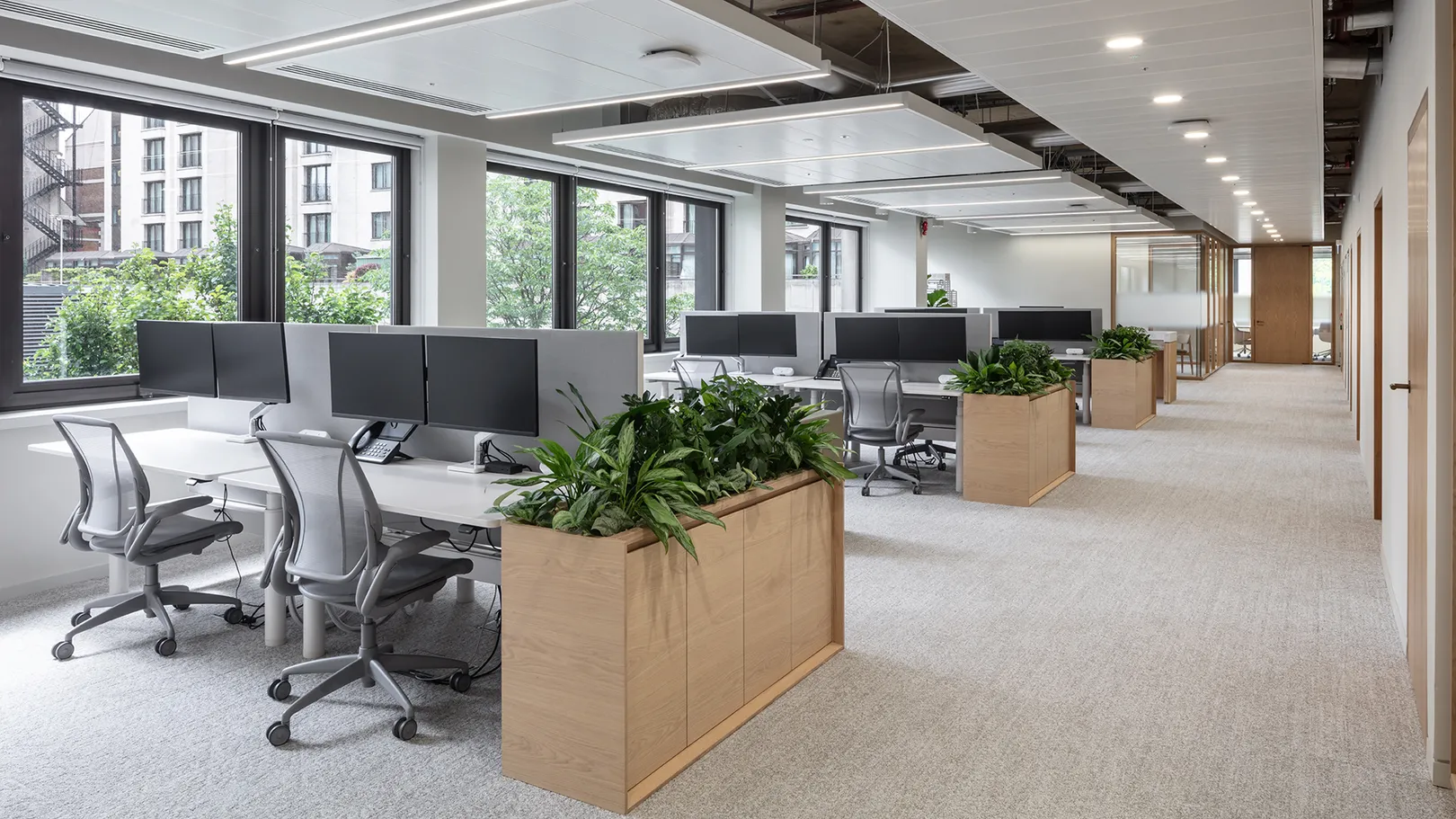Office space with computers, chairs and planters.