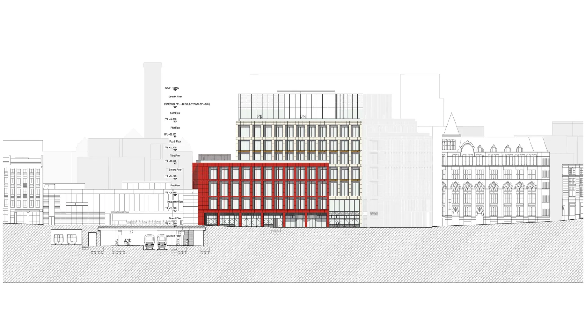 architectural elevation with red and yellow