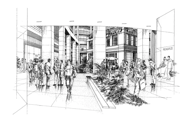 Sketch of reception area of a building at level level view