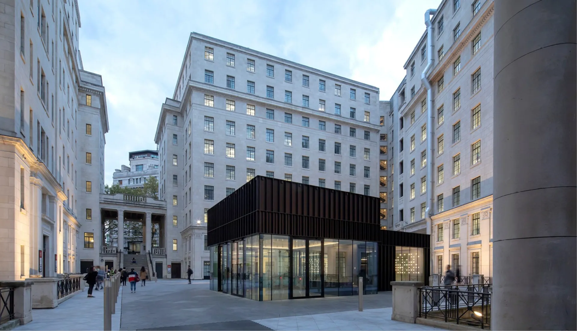Early 20th century neo-classical square, with modern entrance at centre