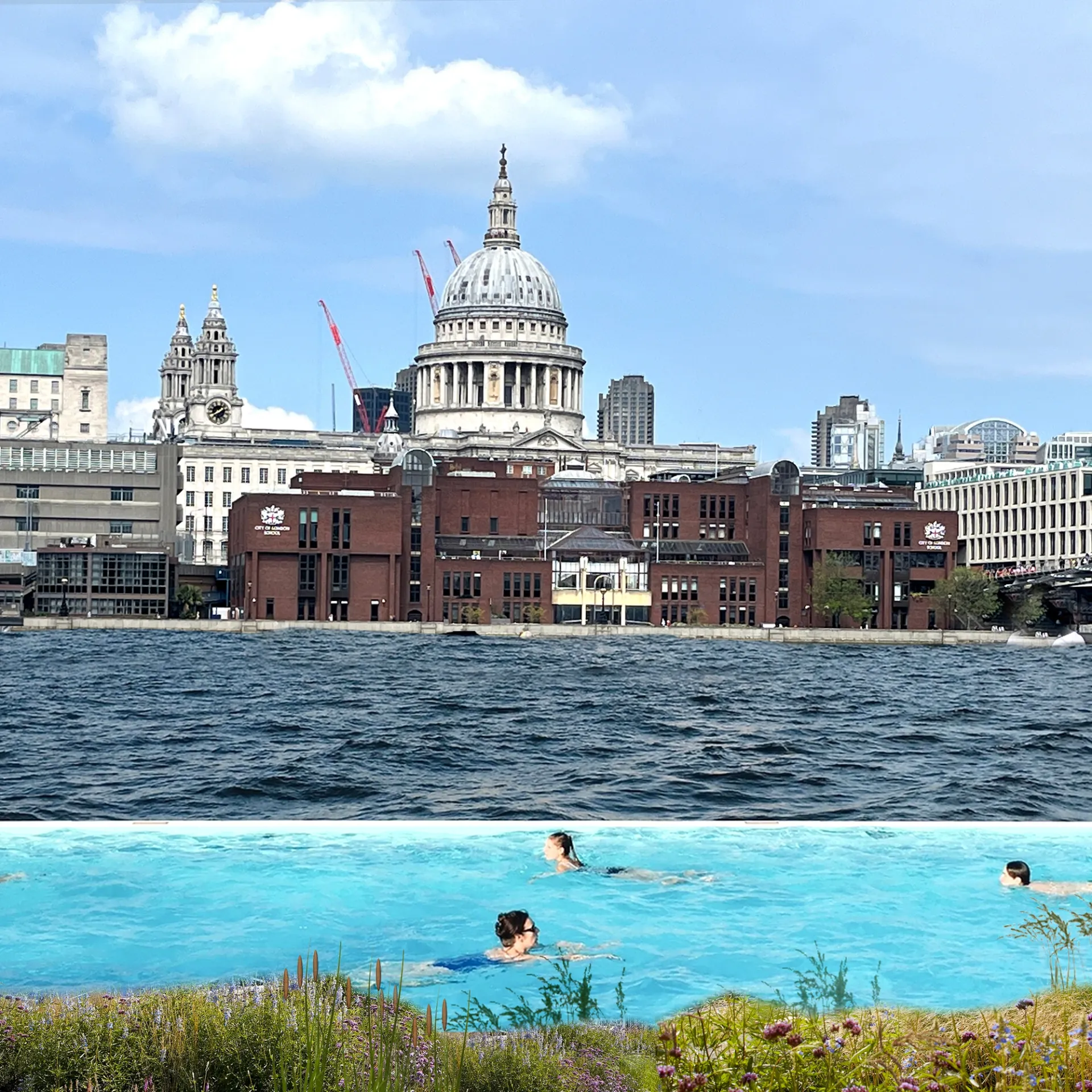 Thames River people swimming in pools by st Paul's cathedral