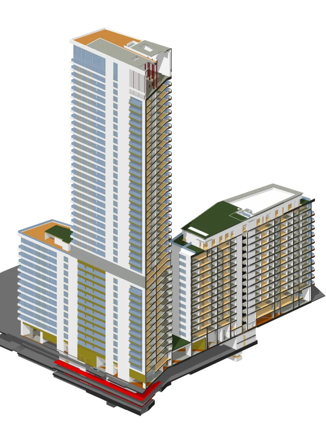 A BIM visual of a residential tower and residential block half its size