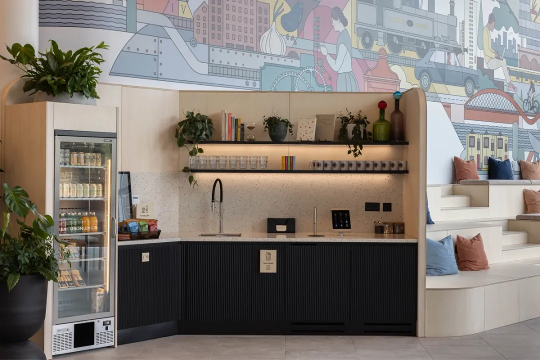 Coffee bar and bleacher seating