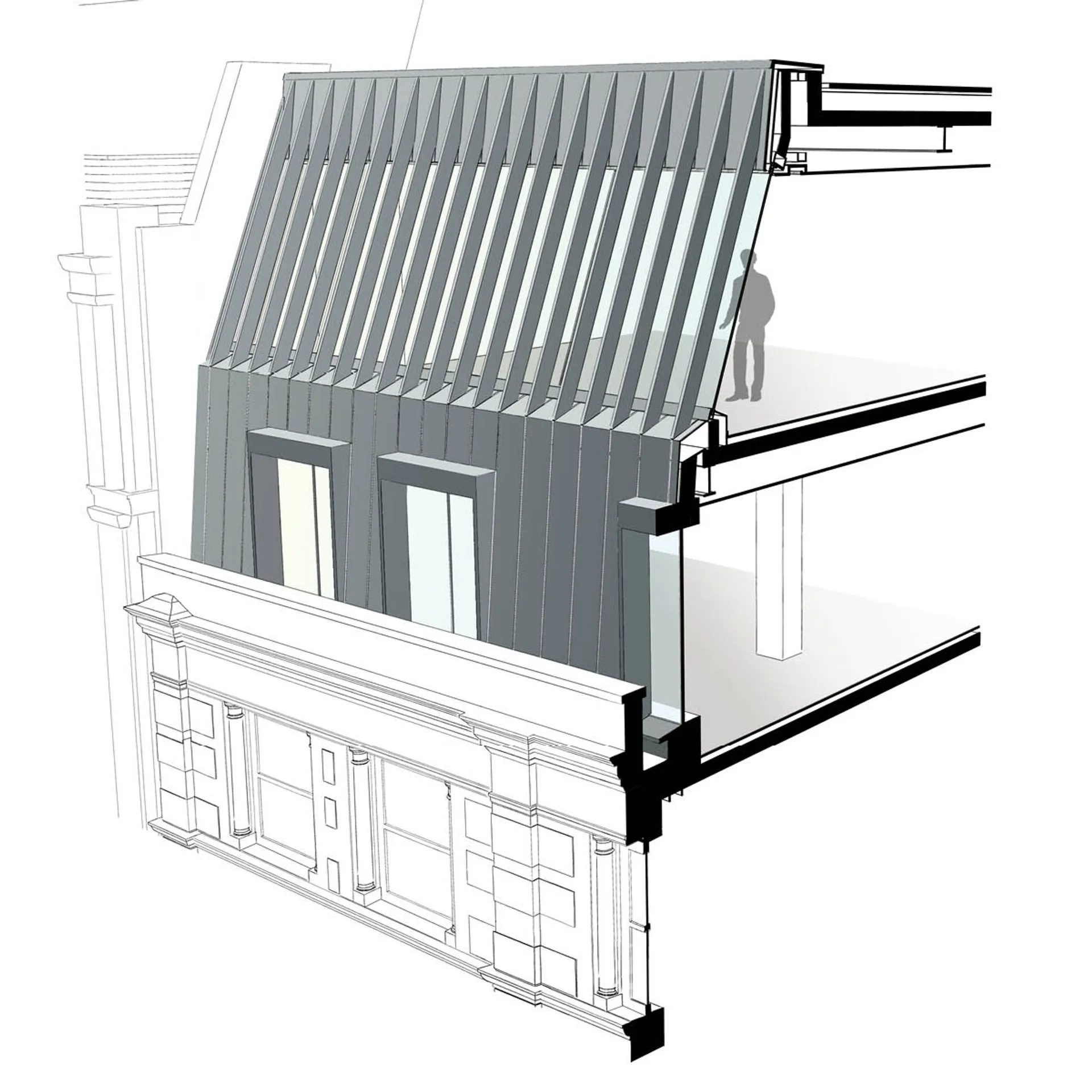 A 3D visual showing a triple height finned mansard roof with a silhouette behind