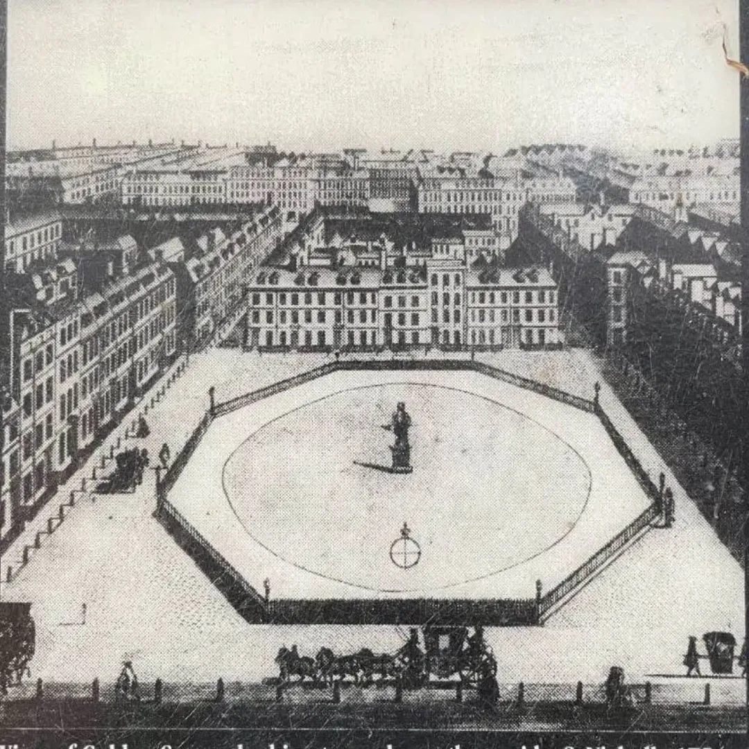 A detailed historic aerial drawing of Golden Square