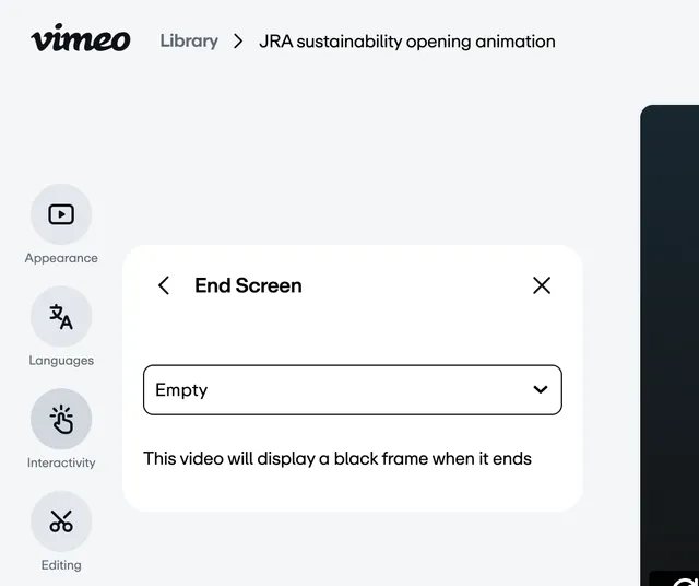 End Screen Empty in Vimeo interface is set