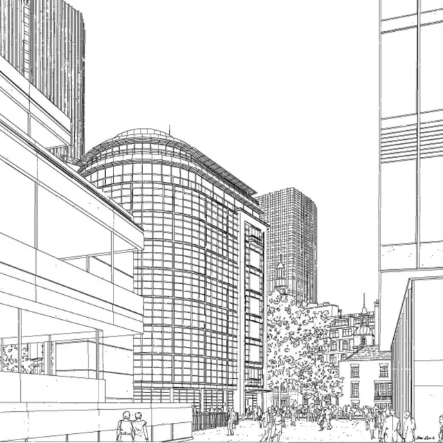 Drawing of original office building in context with trees and other office buildings
