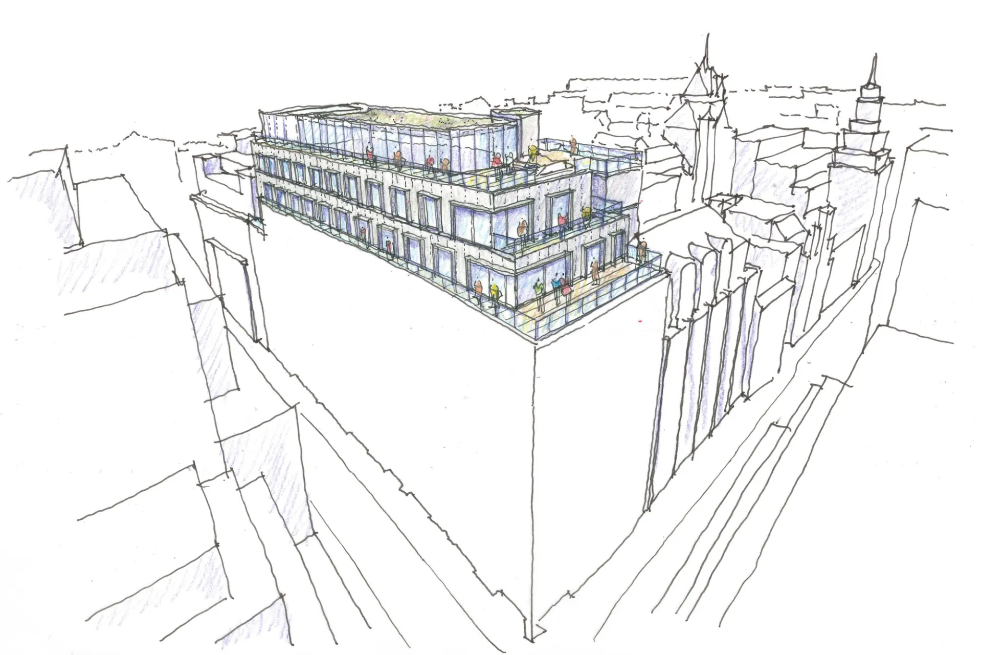 architectural sketch of rooftop offices