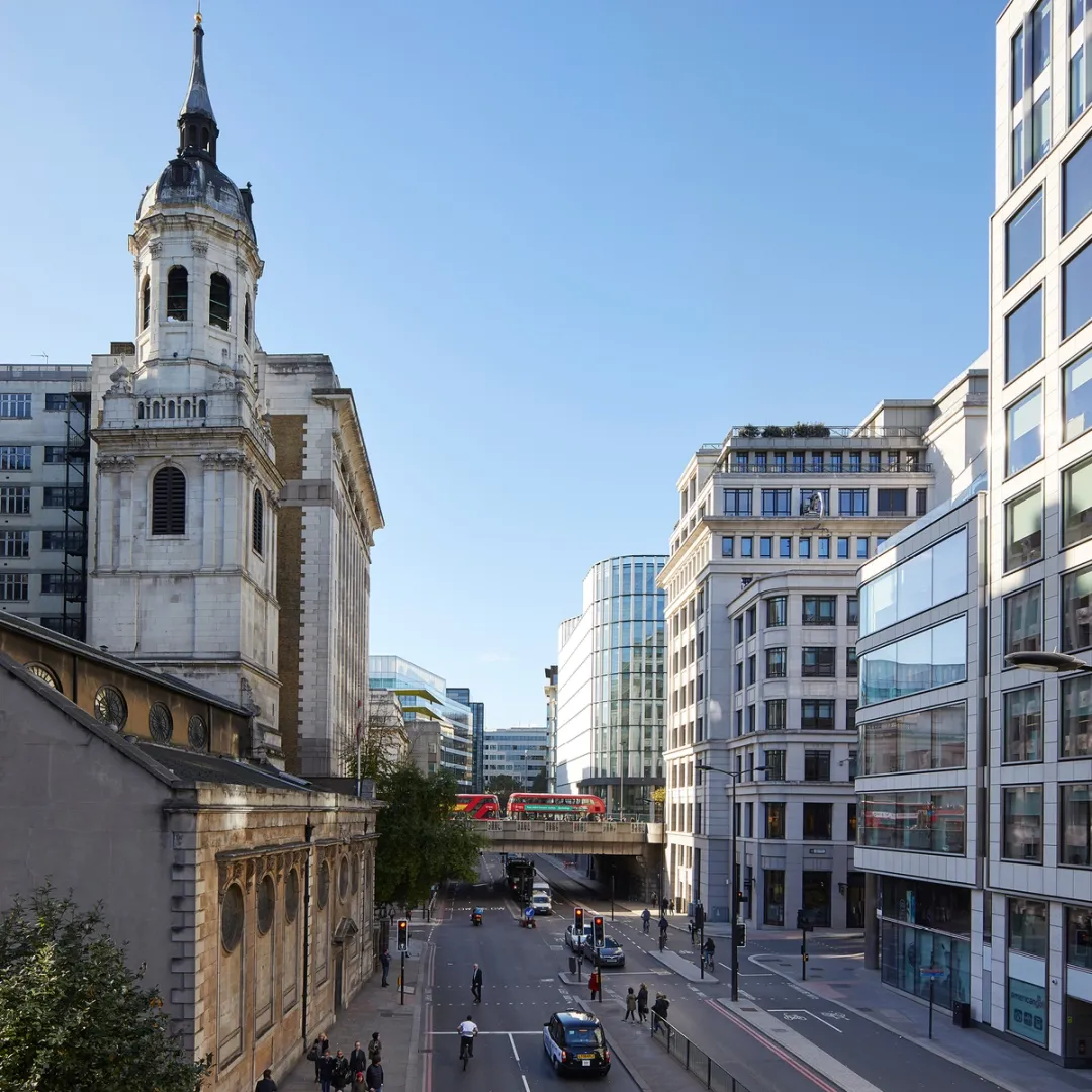 street view of building  with blue skies