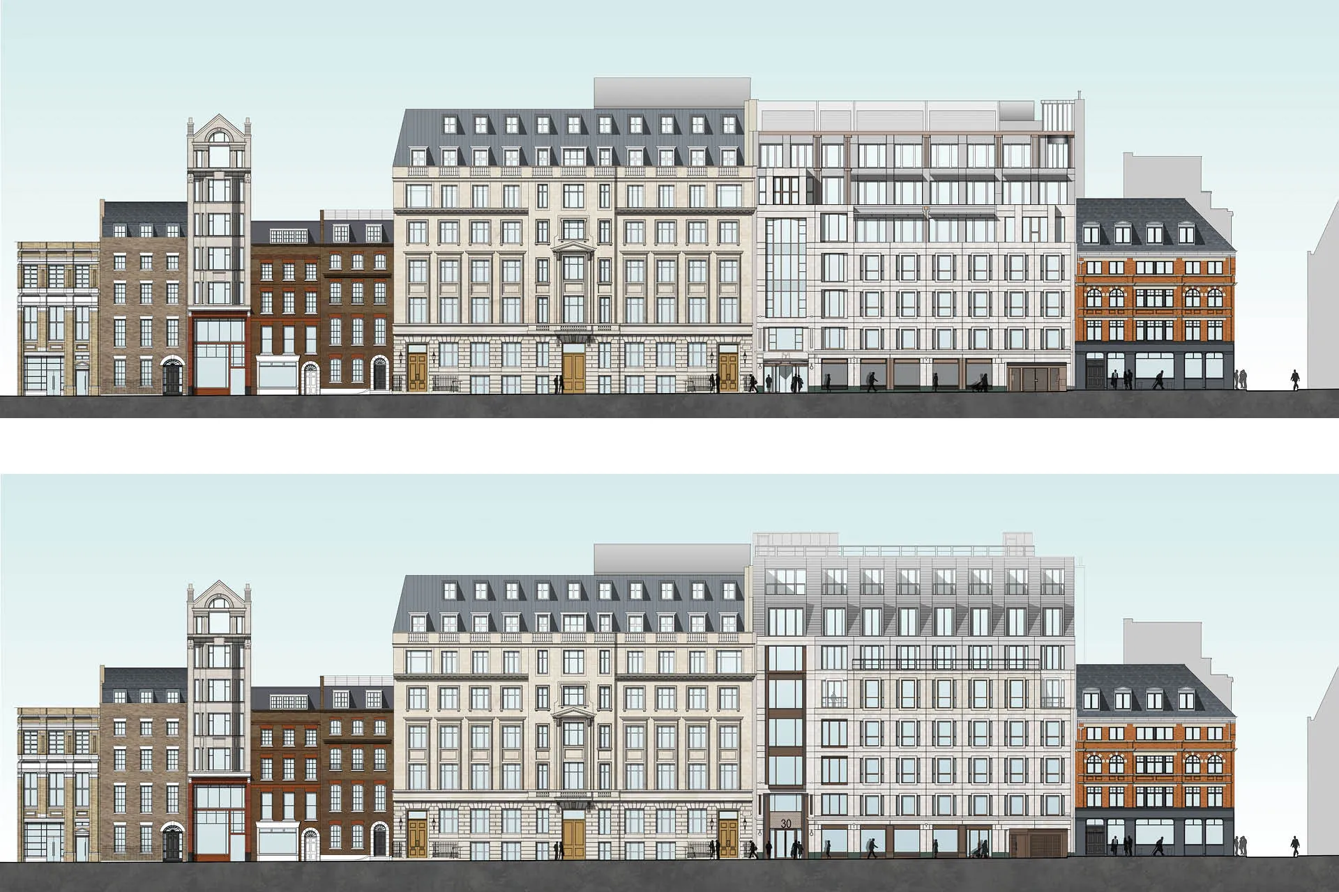 A before and after colour elevation of 30 Golden Square in its street context