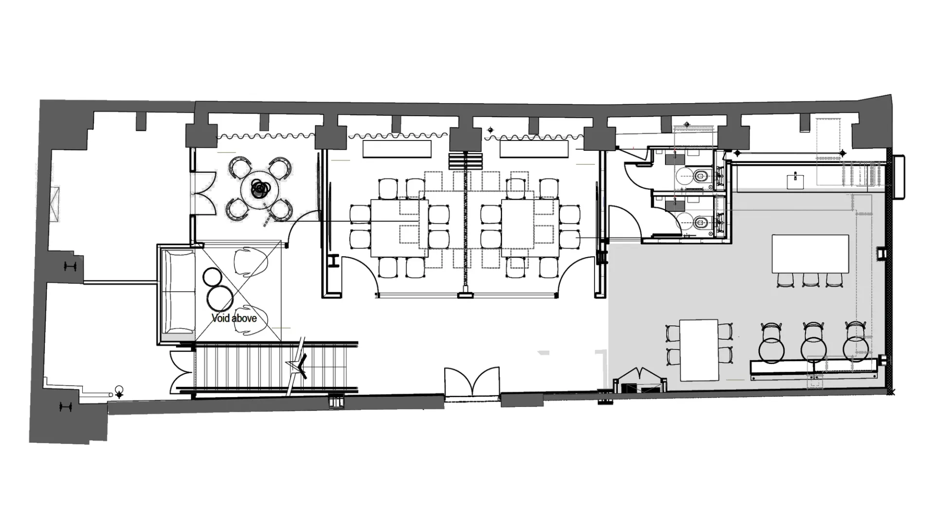 A lower ground floor office plan showing meeting rooms and break out space