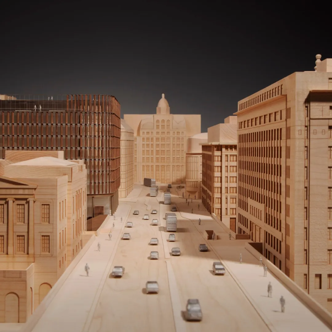 wooden model of street view of building