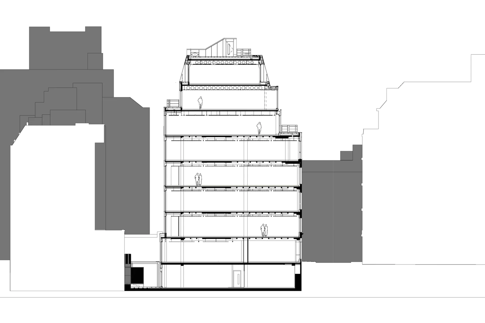 A section showing nine storeys with the extended floors stepped back