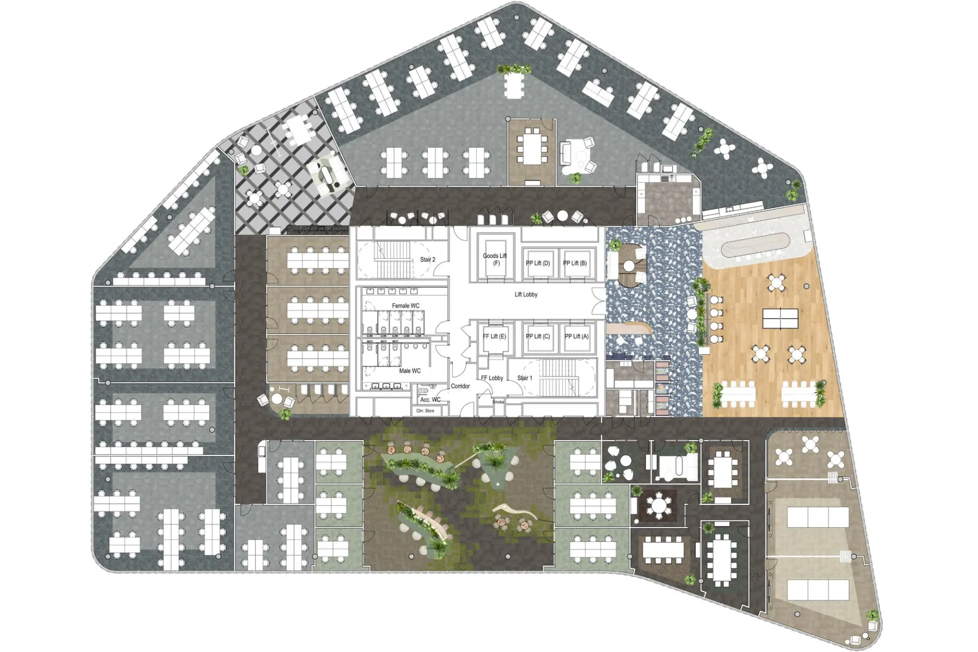 A space plan showing an office floor layout