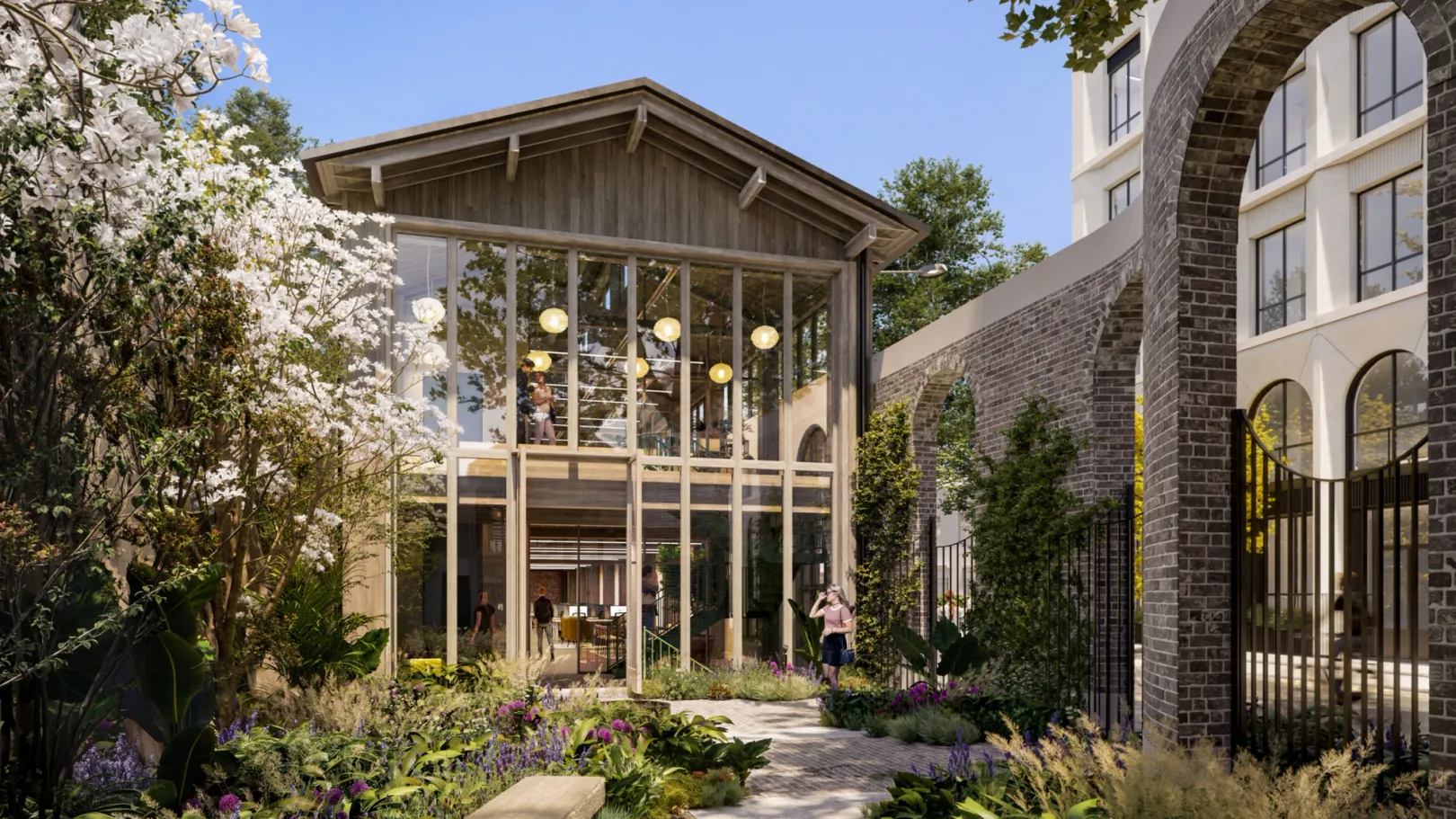 CGI of building entrance garden