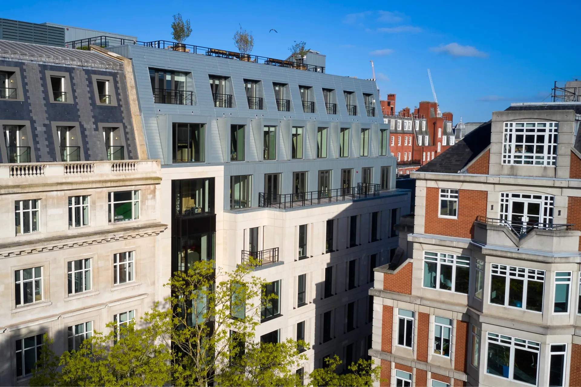 Drone view of a triple height mansard roof