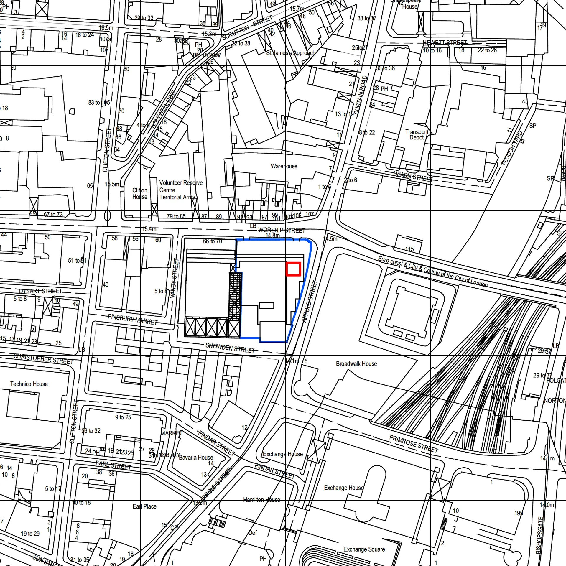 A site plan of London streets with a building circled in blue