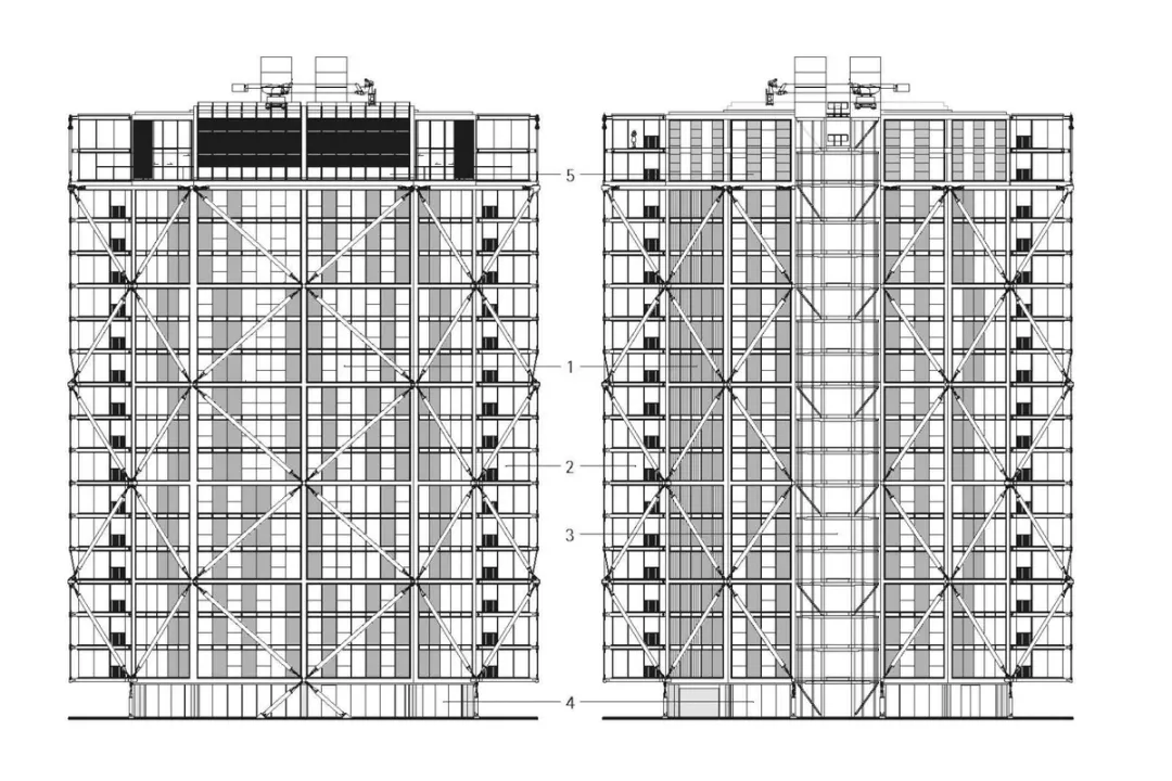 2 elevations showing front and back of a glass cross-braced residential tower