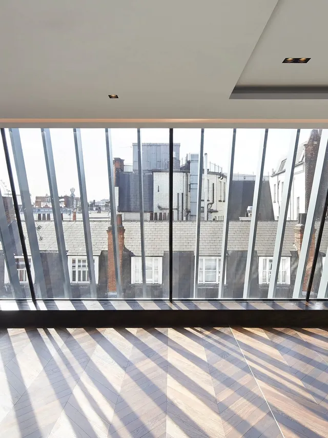 Interior view of mansard roof fins revealing skyline view