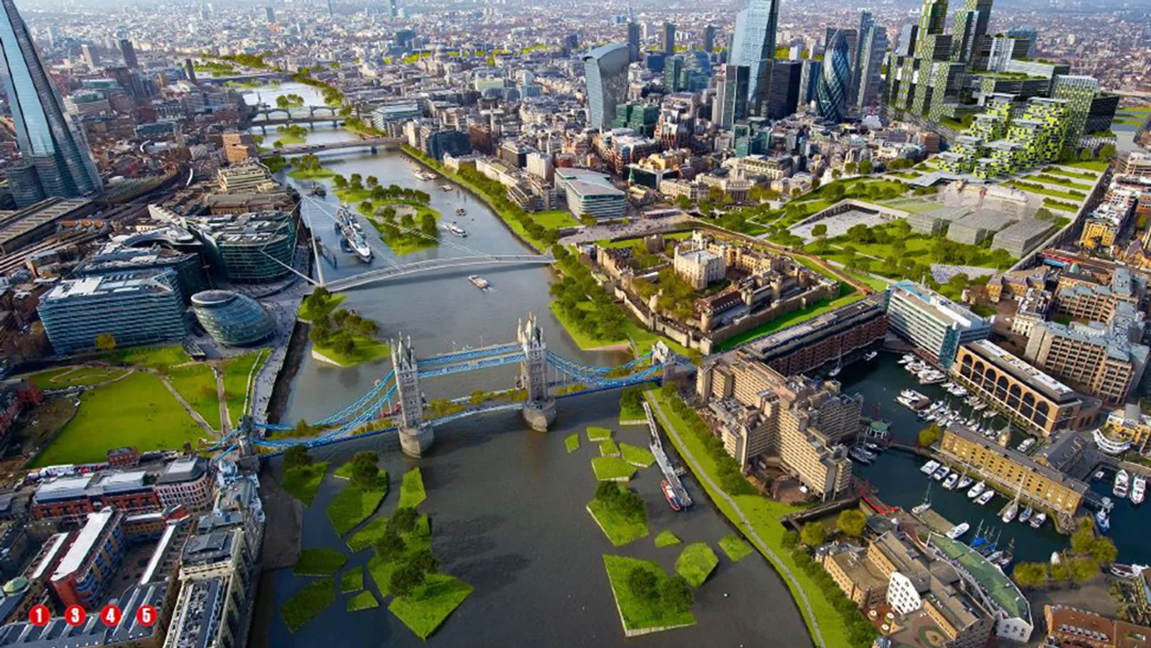 Aerial view of the River Thames and Tower Bridge and proposed landscaping scheme in the river