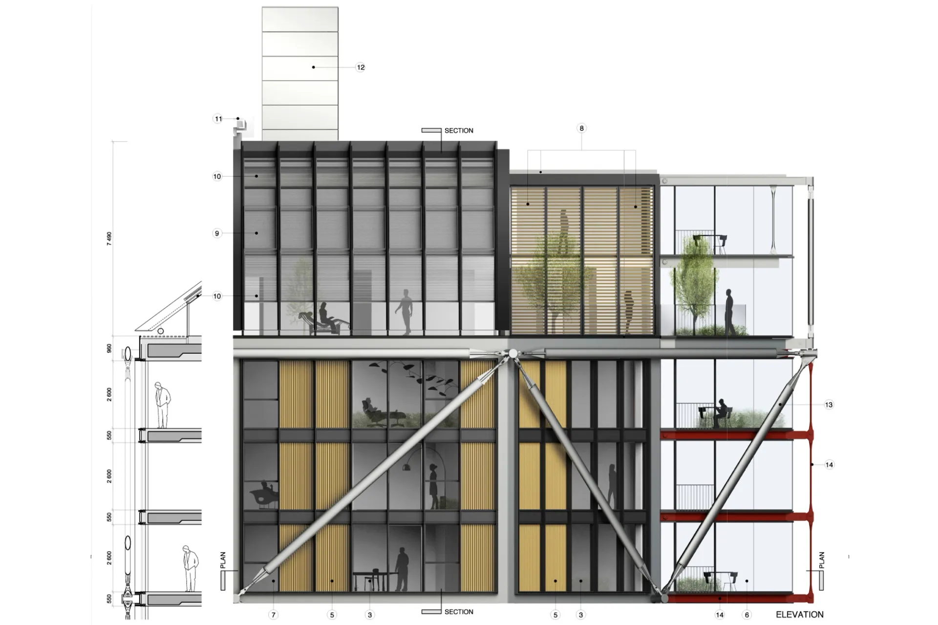 A colour elevation of upper levels of glass residential tower cross-braced externally