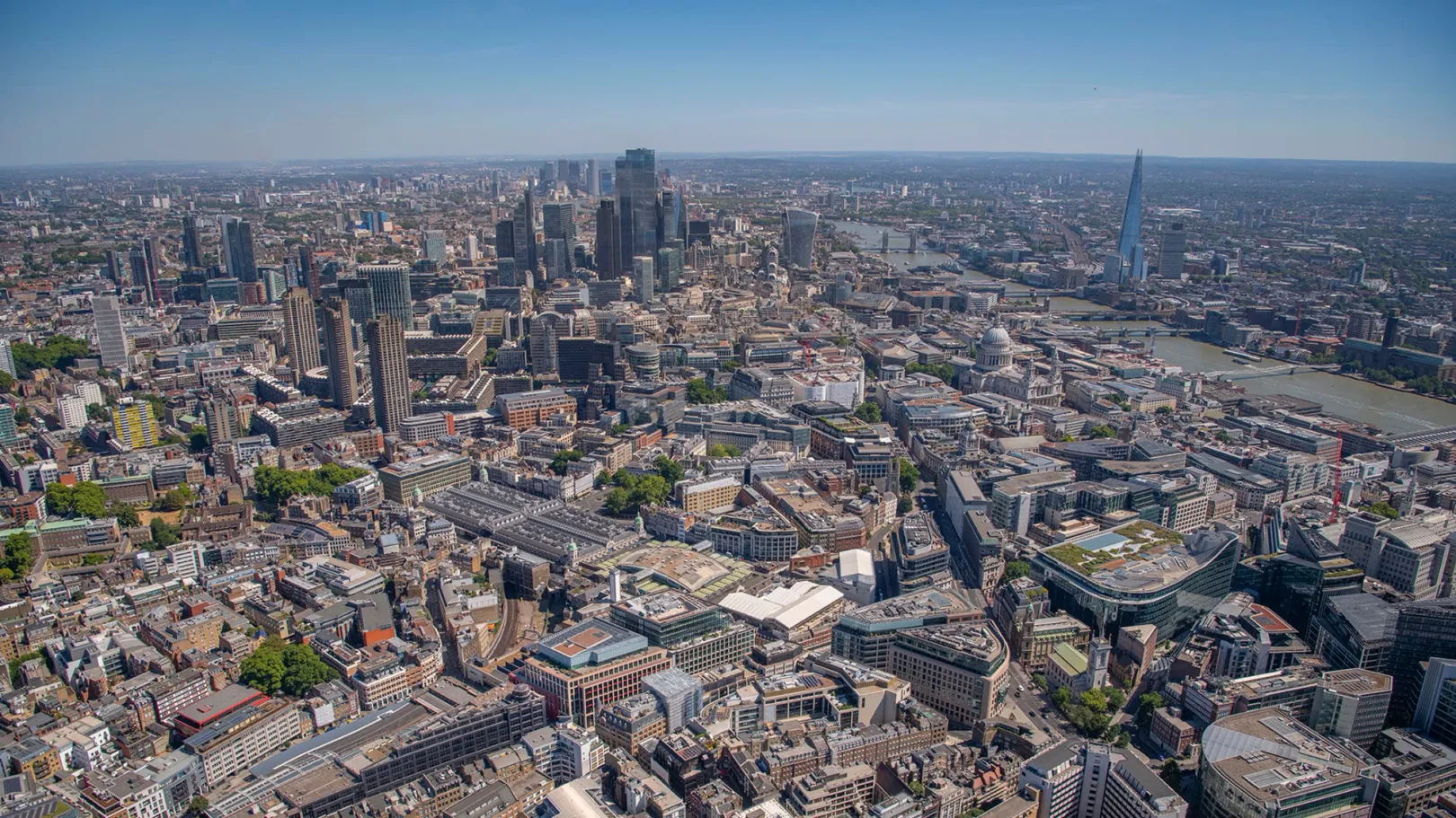 Aerial view of Farringdon and London City area with the Thames
