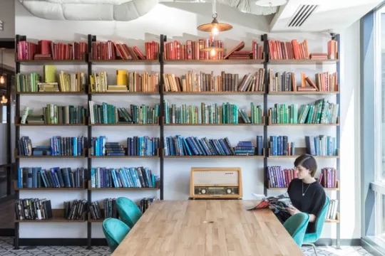 Bookshelves with books arranged by colour and woman sitting at table reading magazine