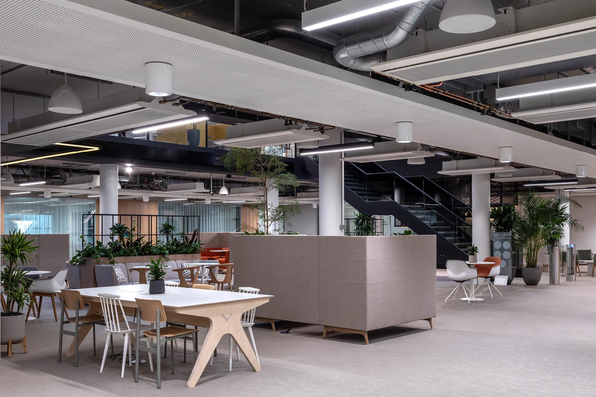 A long table with miss-matched chairs in an open plan office space