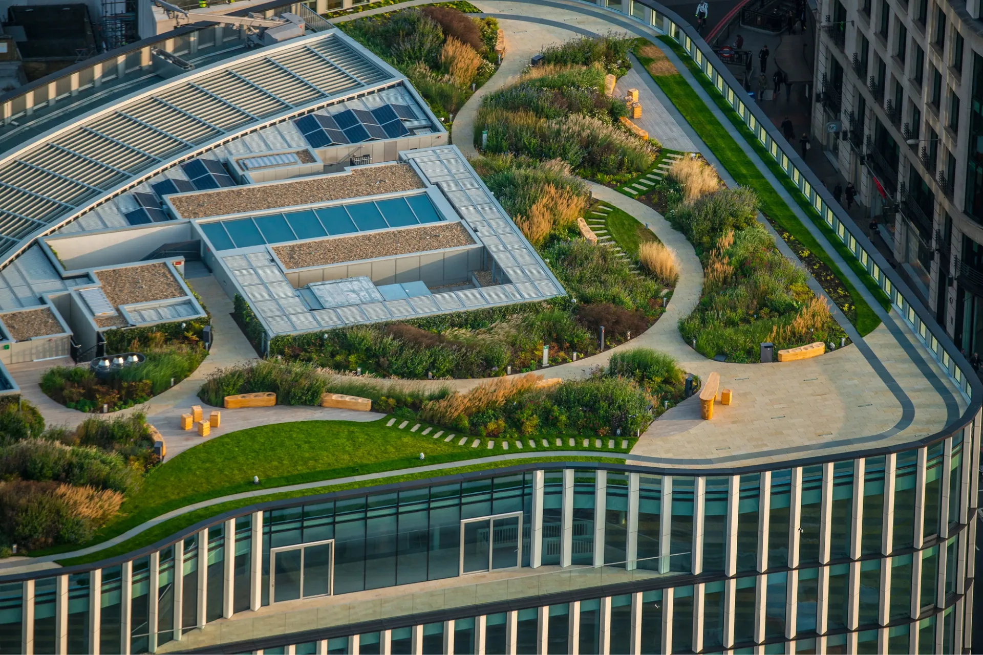 aerial view of rooftop garden