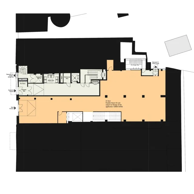Ground floor plan of apartment building showing stairs, reception and lift lobby