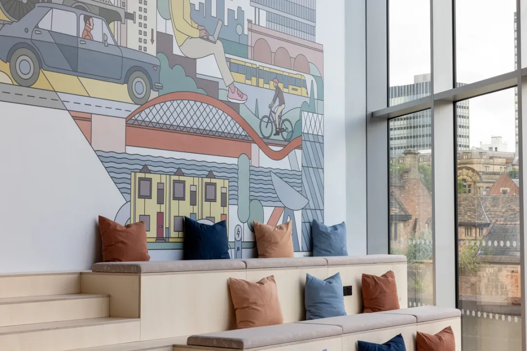 pillows and mural