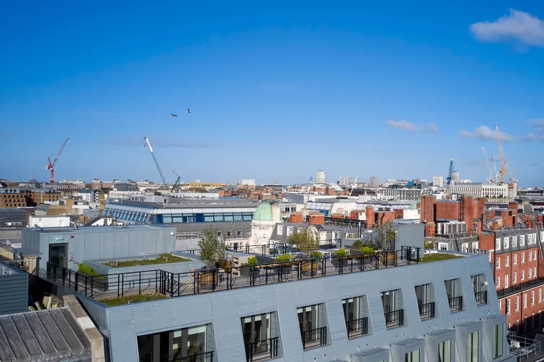 A drone view of a roof terrace with plants, seating and blue sky above