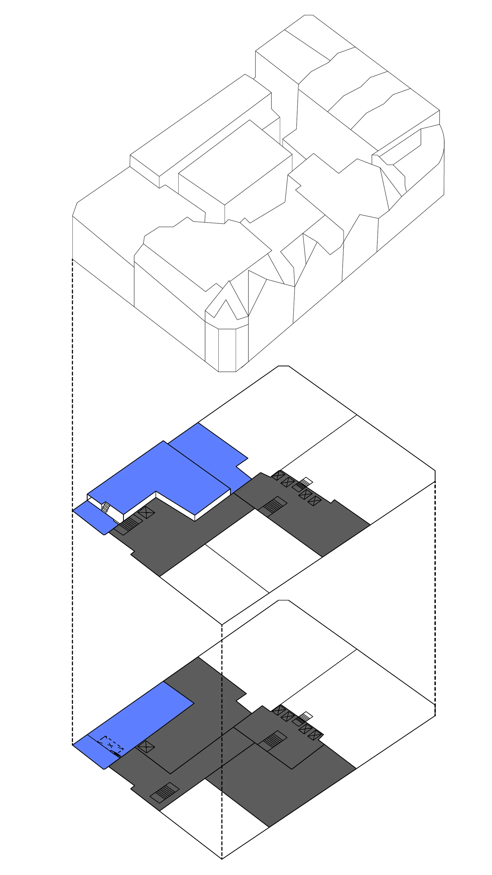 An exploded axo diagram showing two office floors with an outline of a building above