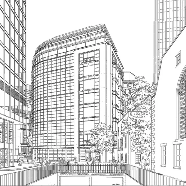 A drawing of the original office building in context, surrounded by trees and other office blocks