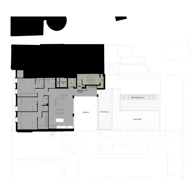 Fifth floor plan showing three bedroom apartment layout and balcony
