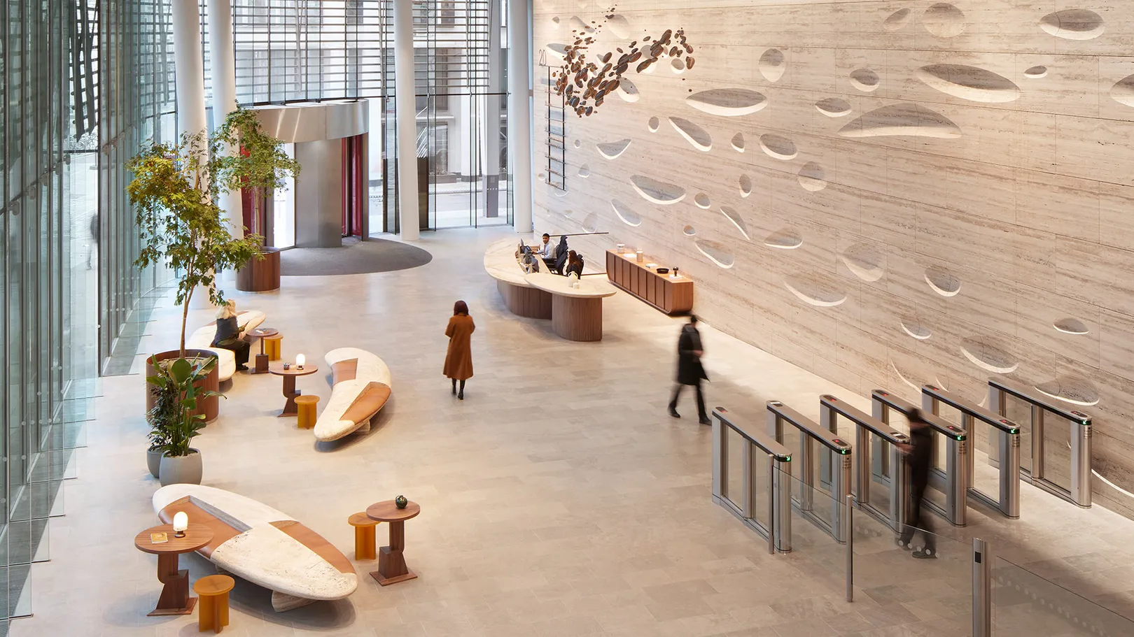 Photograph of reception area from top of moving stairs