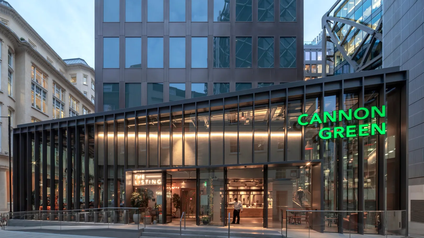 Cannon Green building, three quarter view from across street with green sign