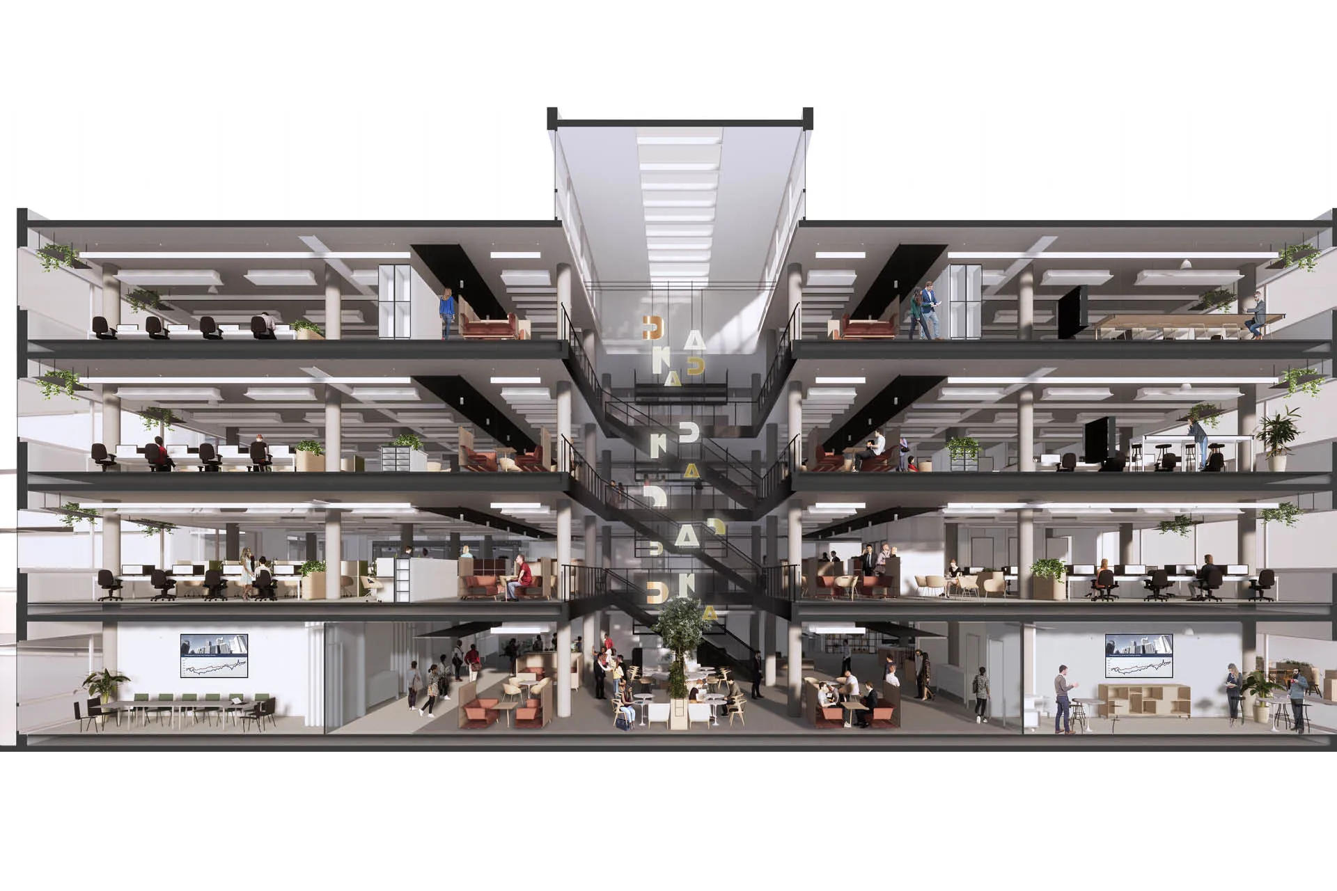 A CGI section of the HQ showing the furniture arrangements on each floor