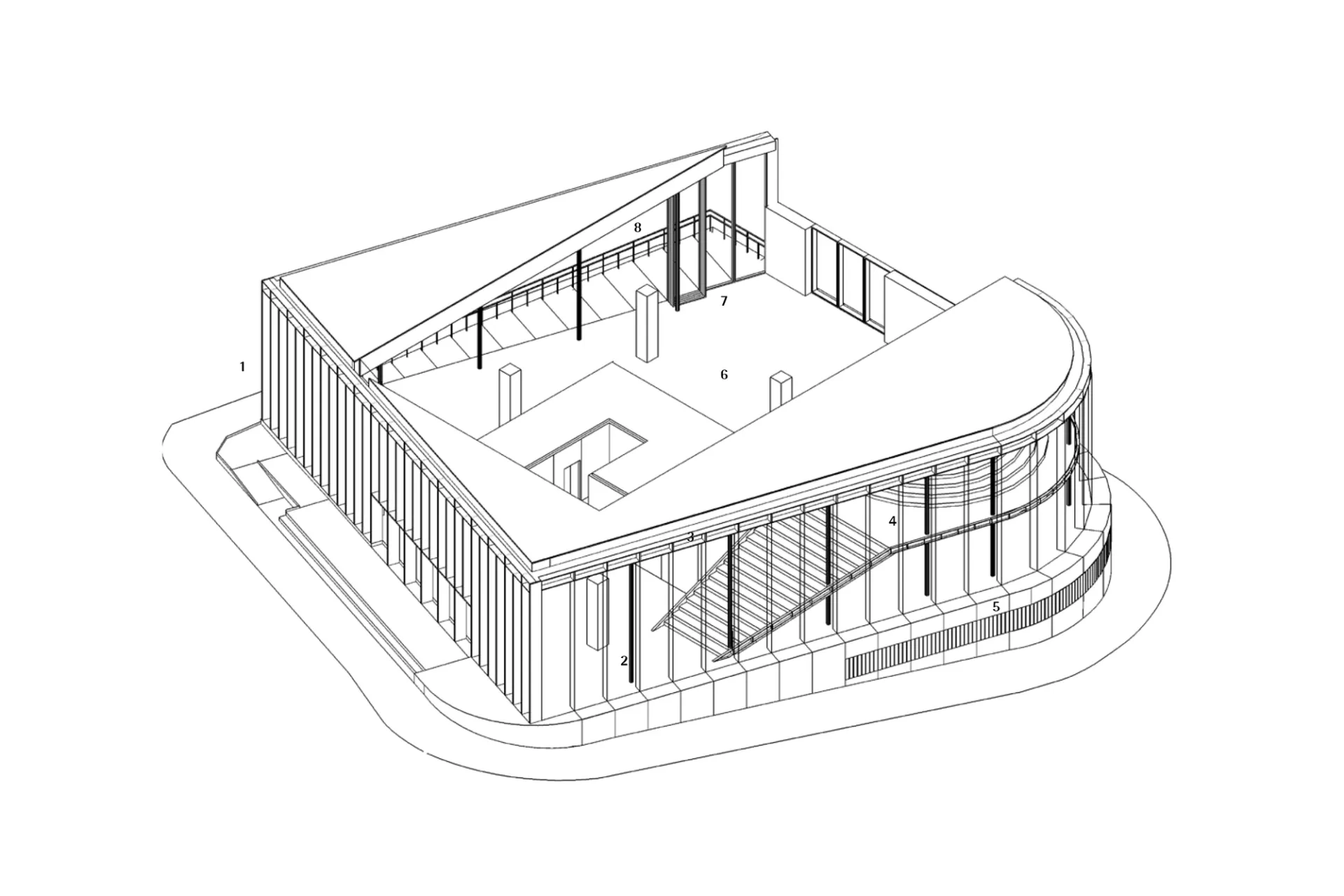 Island podium AX) architectural drawing black and white