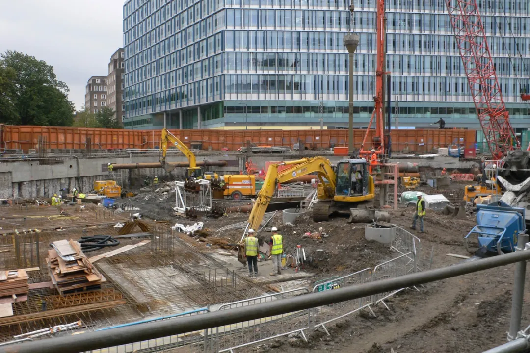 Construction site with cranes and diggers