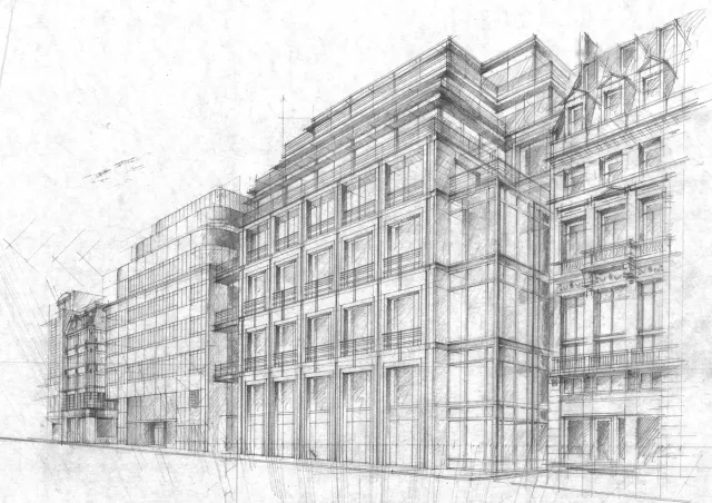Sketch of building at eye level view