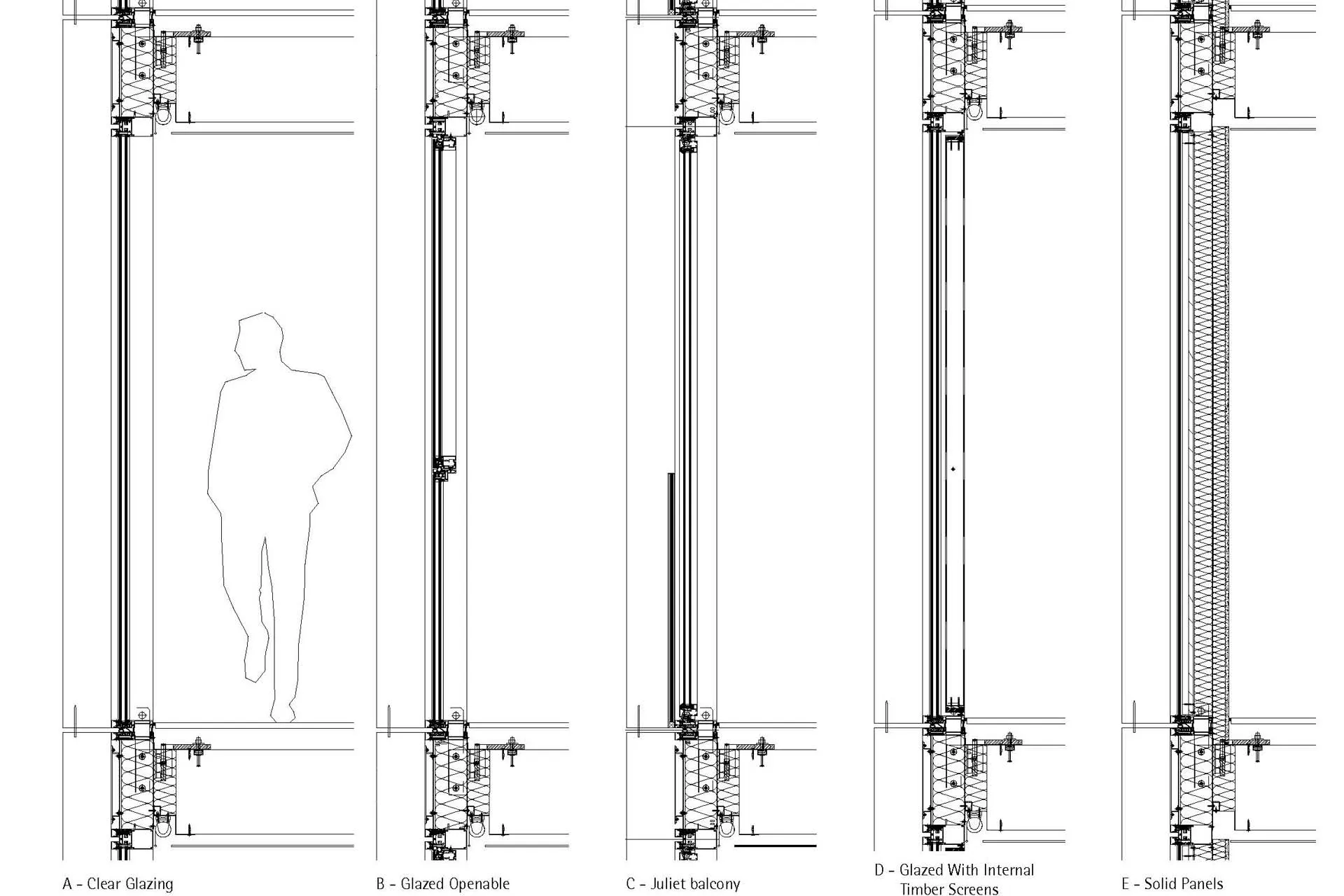 5 detail drawings side by side showing wall thicknesses