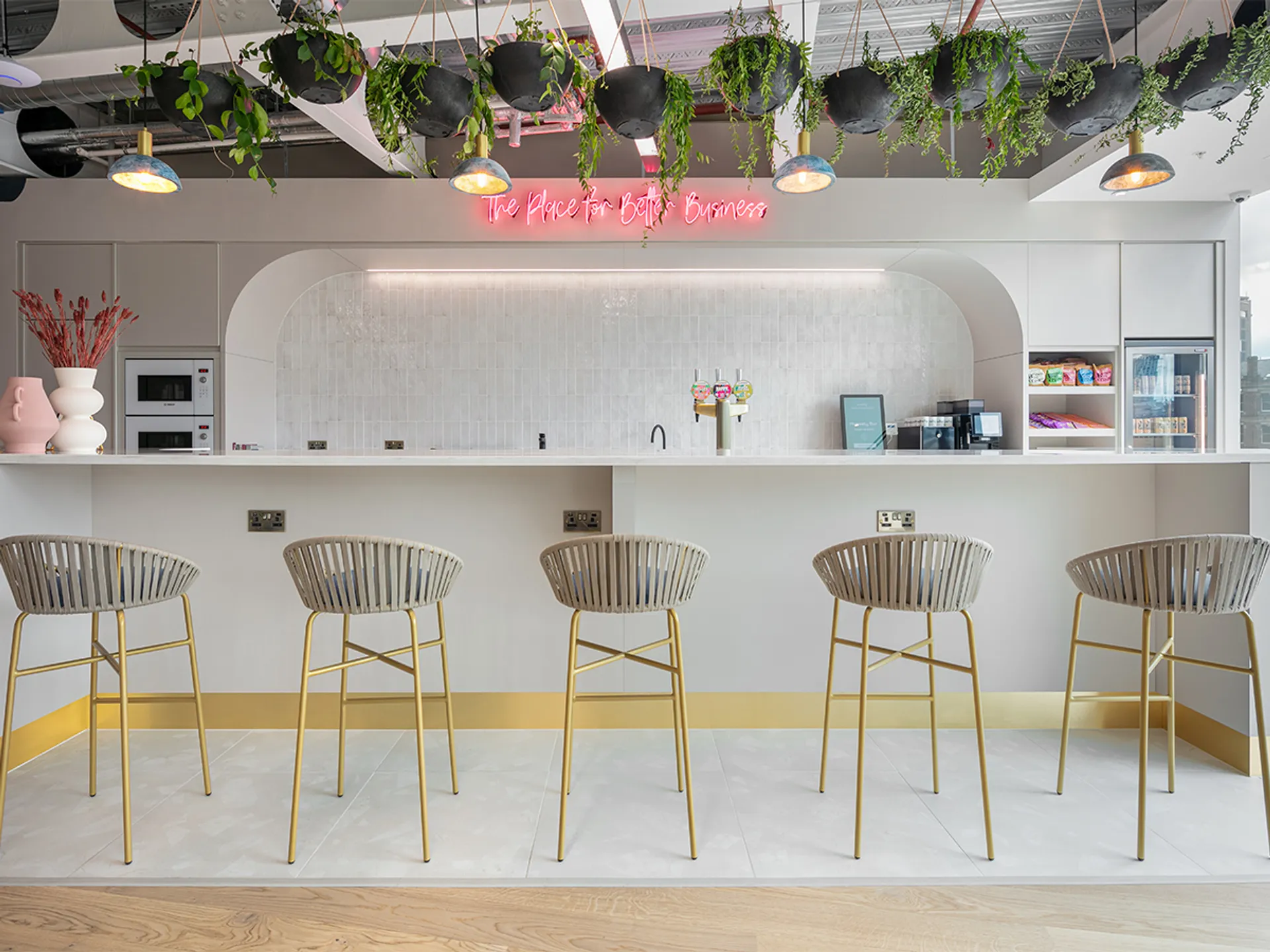 Interior view of kitchen bar and stools