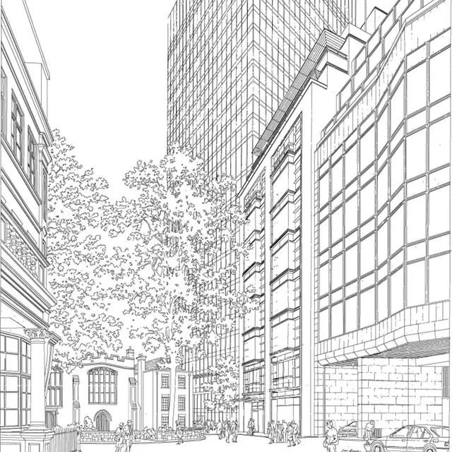 Drawing of the original building in context with trees and historic church alongside