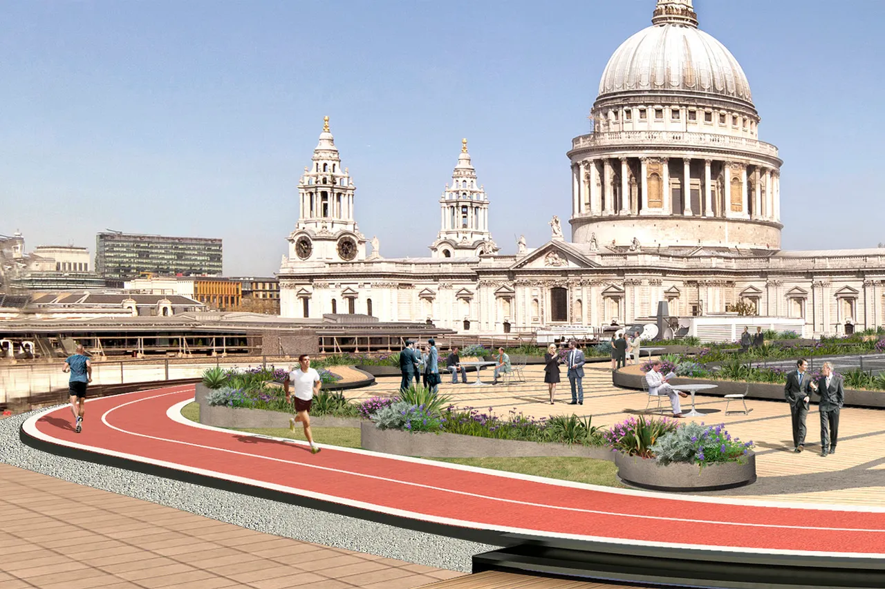 Running track with runners and gardens on top of Bracken House, London