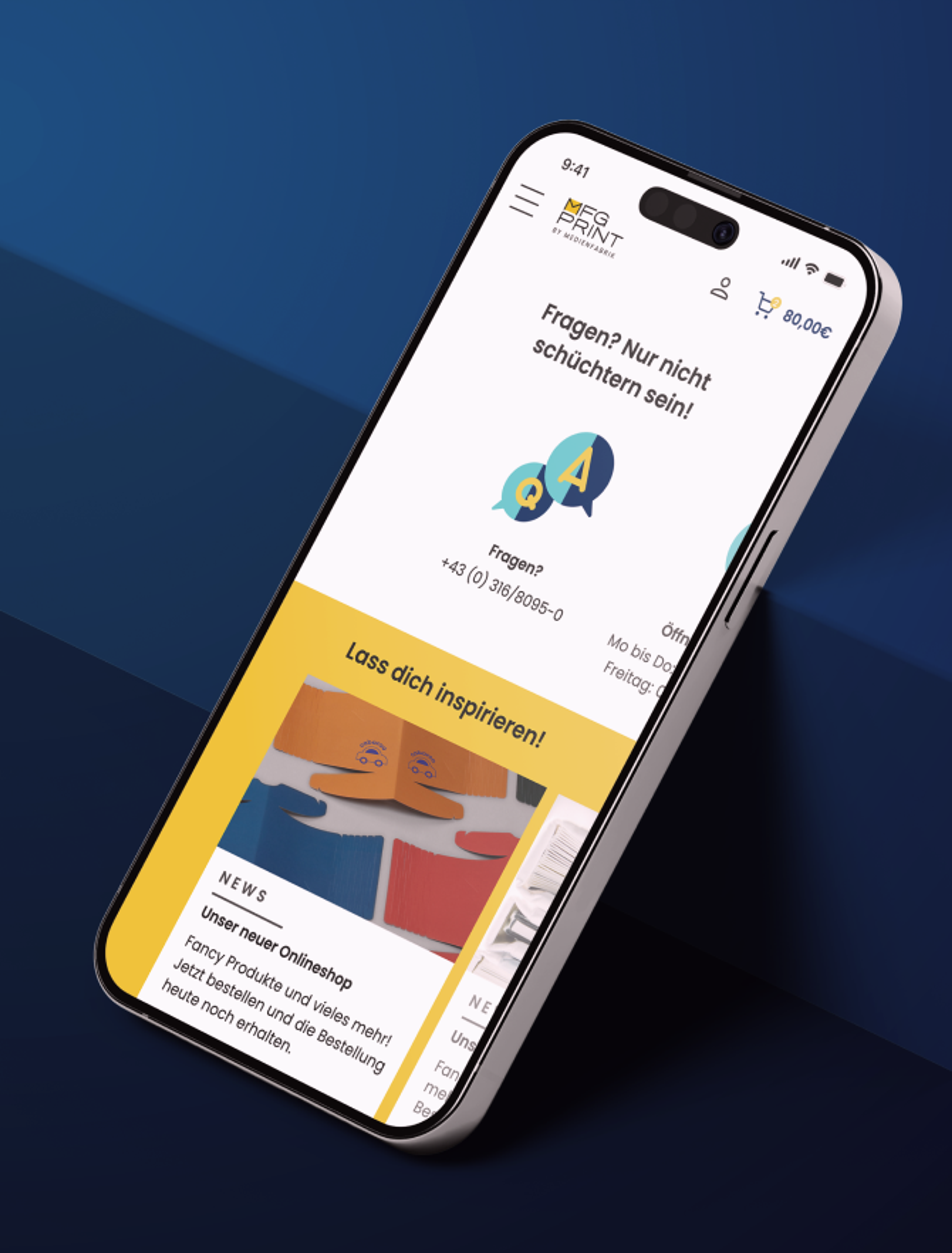 Mobile Ansicht der MFG Print Website mit Navigation und Inspirationsbereich.