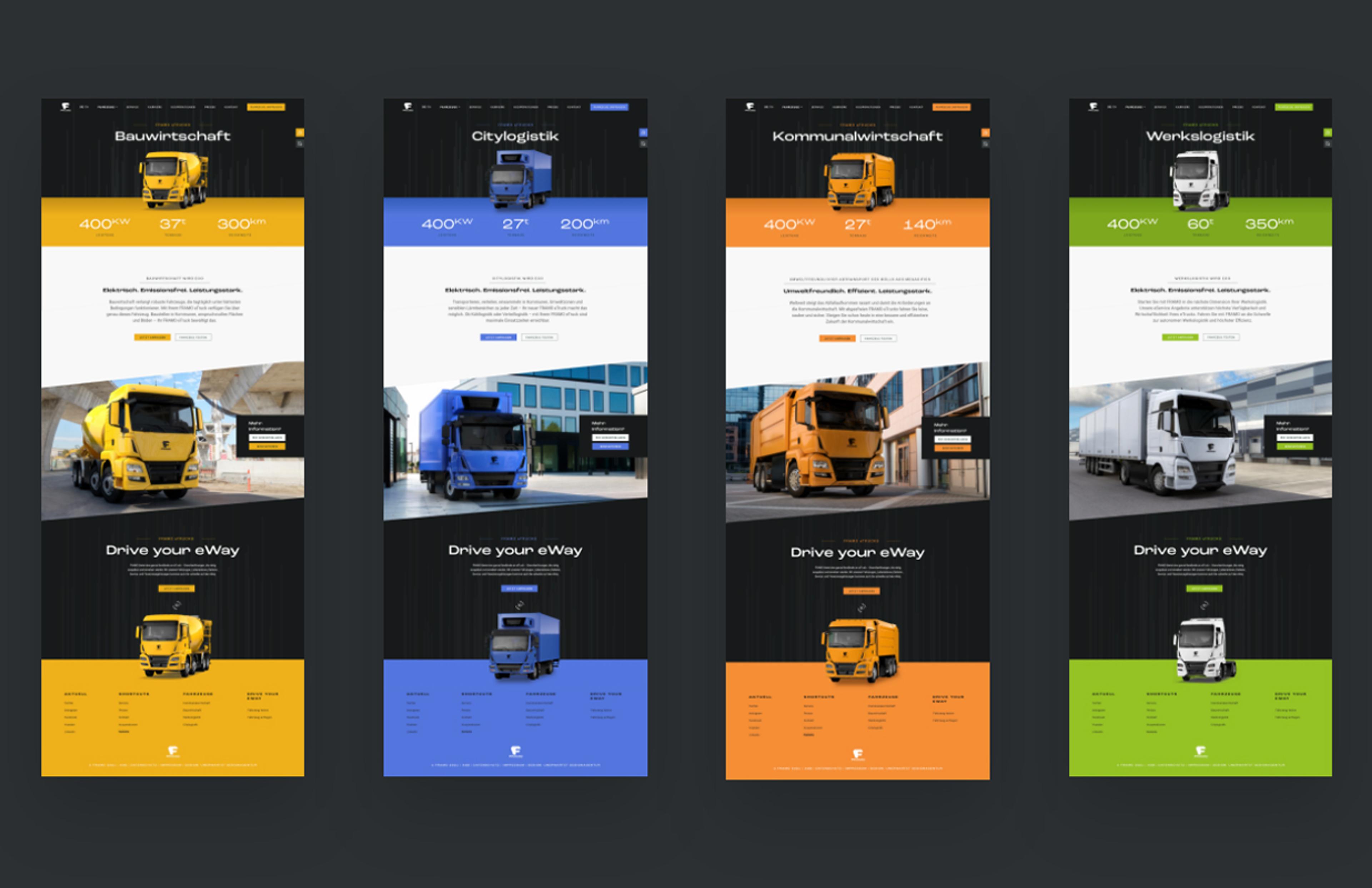 Desktop-Ansicht der Framo eTrucks Website mit interaktiven Elementen, die Nutzer:innen dazu einladen, mehr über das Unternehmen und seine Fahrzeuge zu erfahren.