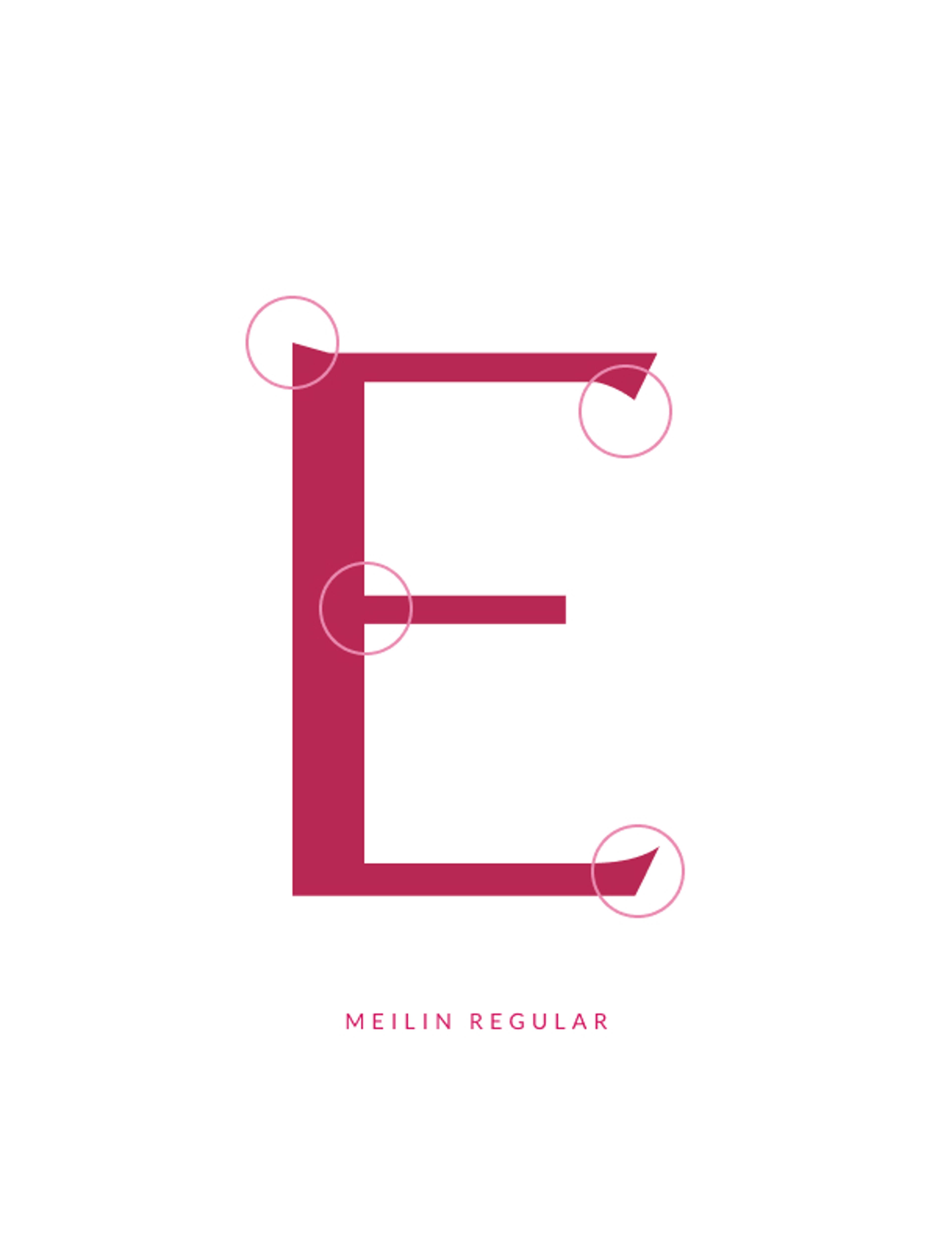 Detailansicht des Buchstabens „E“ in der Meilin Regular Schrift. Die subtilen Kurven und einzigartigen Kanten spiegeln die Verbindung von traditioneller chinesischer Typografie mit modernem, minimalistischen Design wider. Von Unerwartet Design