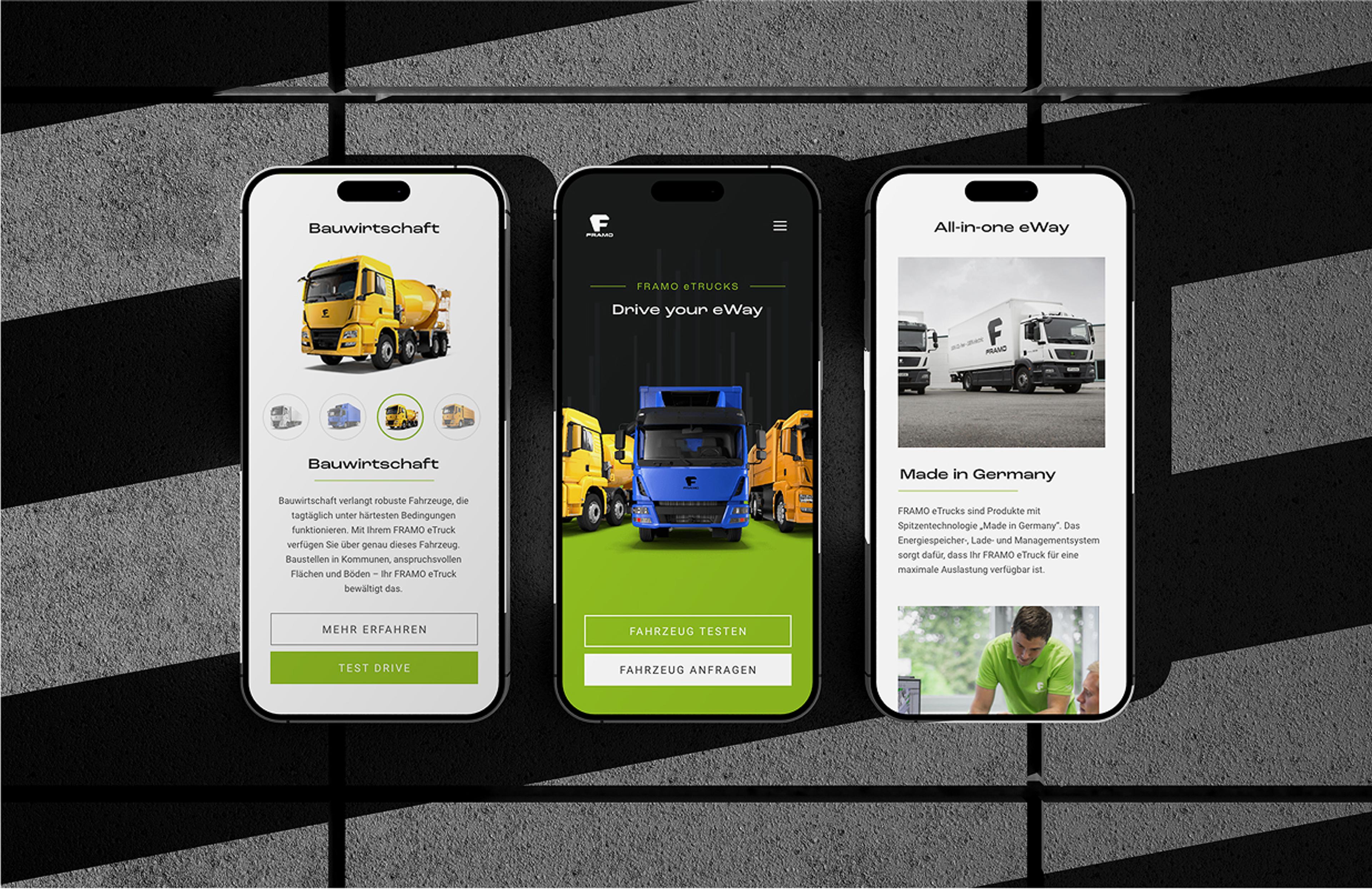 Mobile Ansicht der Framo eTrucks Website, optimiert für eine intuitive Navigation, mit ansprechenden Grafiken und informativen Inhalten zu den LKW-Modellen.